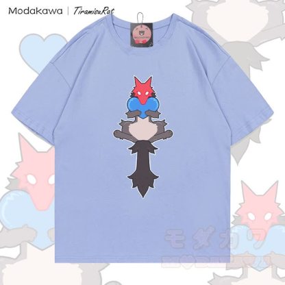 MODAKAWA X TiramisuRat Rat Heart Graphic 100% Cotton T-shirt - Dusty Blue - 5XL - image 3