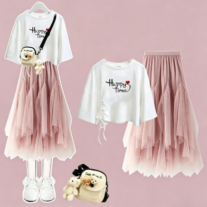  College Style Print Short Sleeve T-shirt Irregular Tulle Skirt Two Pieces Set - Pink Set C - XL - image 8