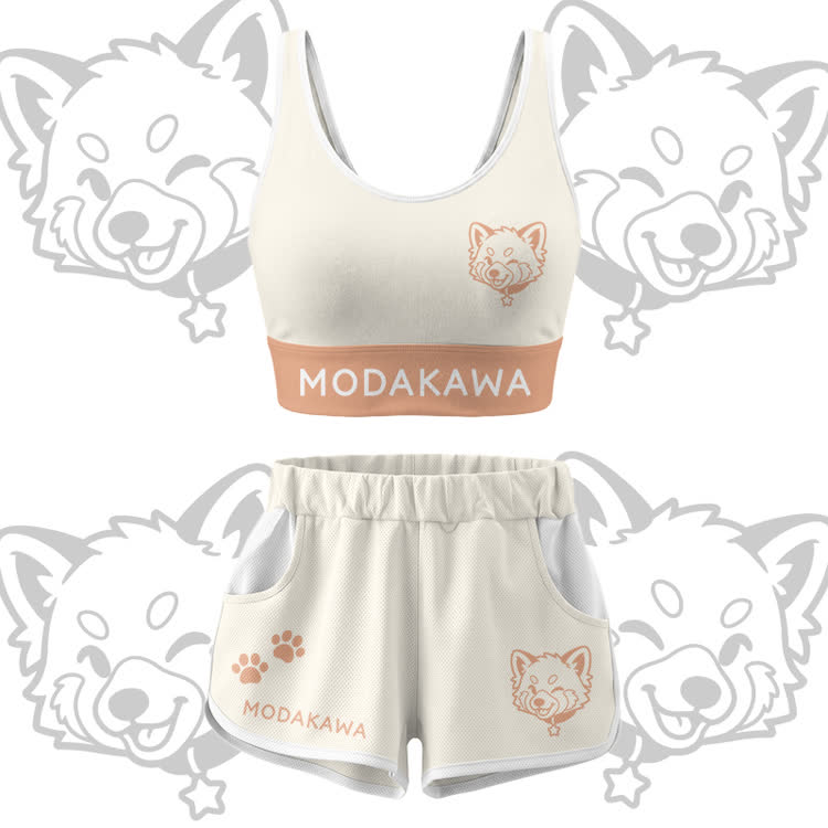 Wink Puppy Graphic Crop Tank Sport Top Shorts Bikini Modakawa Matching Outfit - Beige Set - 5XL - image 15