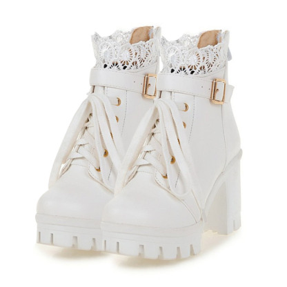 Lace Buckle Lace-Up High Heel Boots - White - 43 - image 12