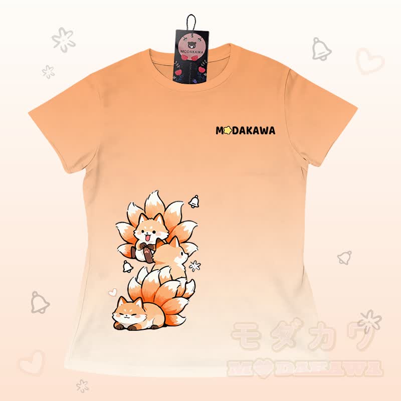 Gradient Nine-tailed Fox Graphic T-shirt Letter Graphic Shorts Modakawa Matching Outfit - Orange & White T-shirt - 5XL - image 3