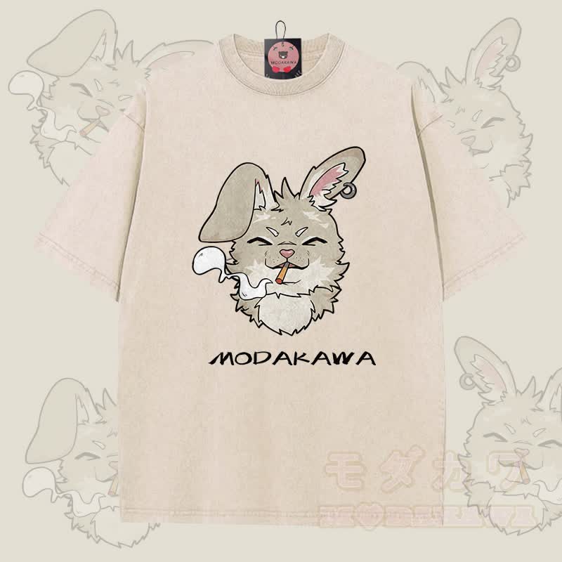 MODAKAWA Nabi Smoking Graphic Unisex Vintage Washed T-shirt - Apricot - 5XL - image 5