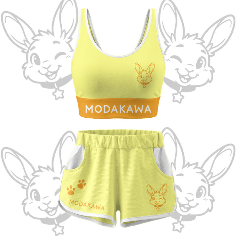Wink Bunny Graphic Crop Tank Sport Top Shorts Bikini Modakawa Matching Outfit - Yellow Set - 5XL - image 14