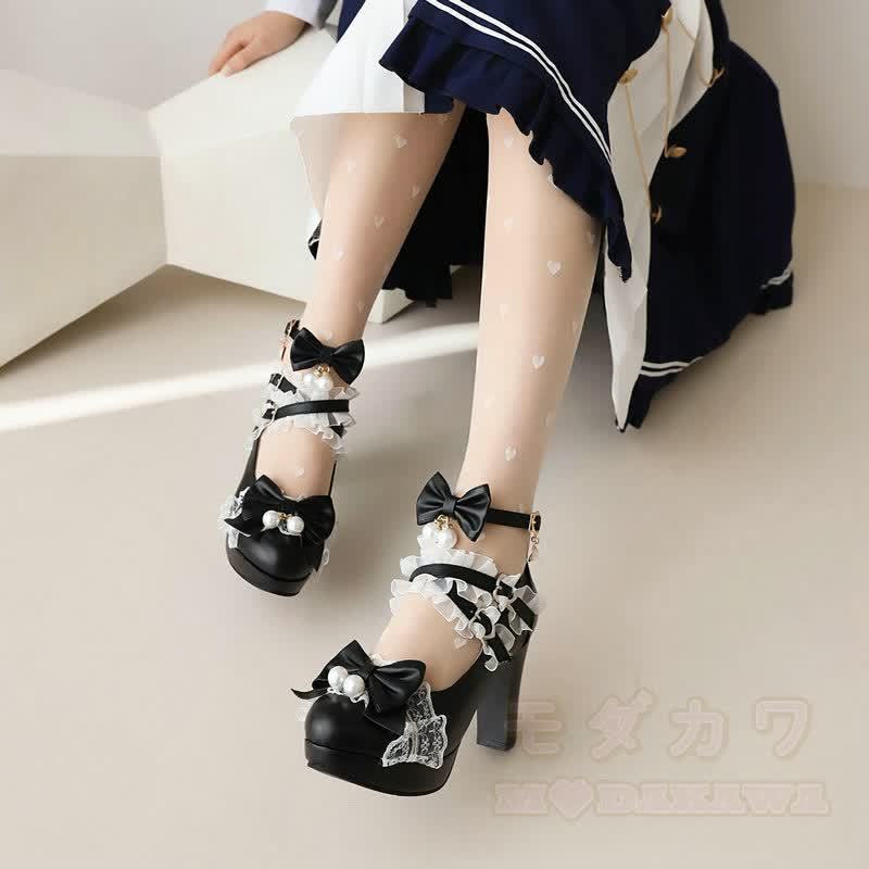 Kawaii Lolita Bow Mary Jane Heels - Black - 46 - image 6