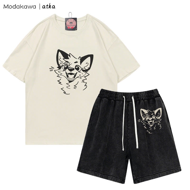 MODAKAWA X atka Cheerful Fox Graphic T-shirt Vintage Washed Shorts Two Pieces Set - Beige&Black - 3XL - image 4