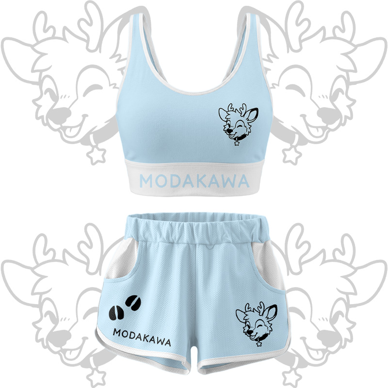 Deer Graphic Crop Tank Sport Top Shorts Bikini Modakawa Matching Outfit - Blue Set - 5XL - image 16