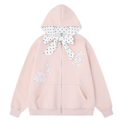  High Quality Durable Press Polka Dot Bow Zip Up Hoodie Dog Embroidery Pants Two Pieces Set - Pink Hoodie - XL - image 5