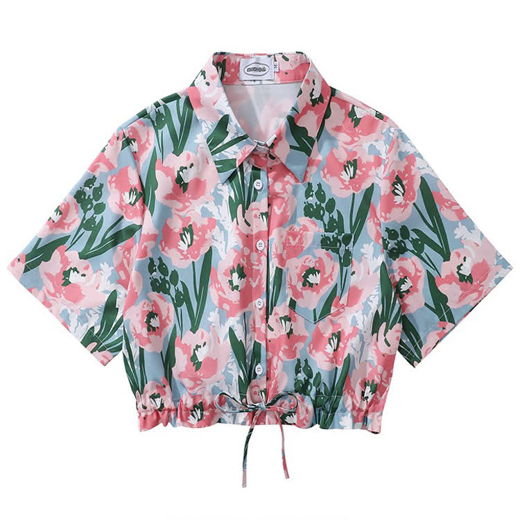 Vintage Print Short Sleeve Button-Up Shirt - Multicolor D - L - image 5