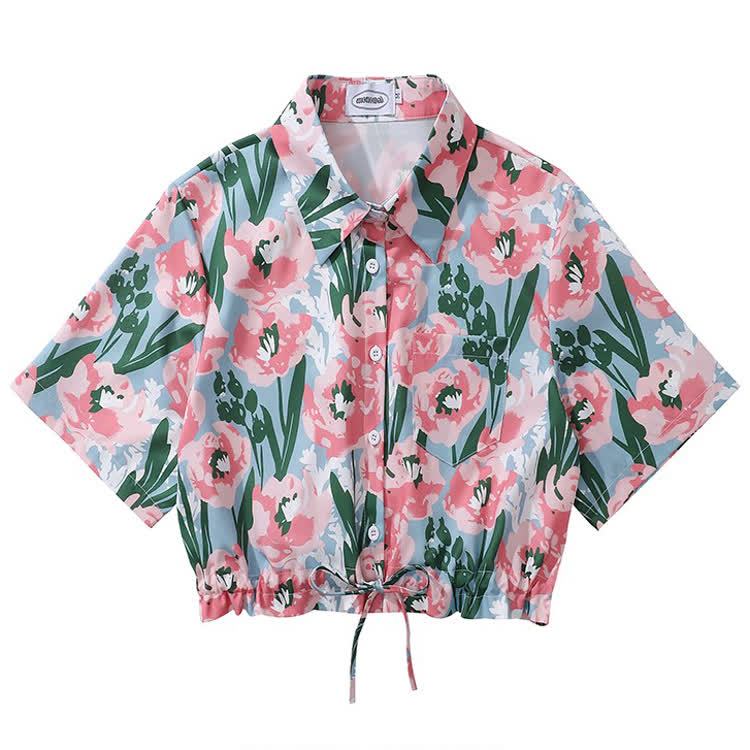 Vintage Print Short Sleeve Button-Up Shirt - Multicolor D - L - image 5