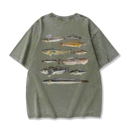 Modakawa Marine Fish Print Washed Loose Oversized Short Sleeve Tee - Green - 3XL - image 7