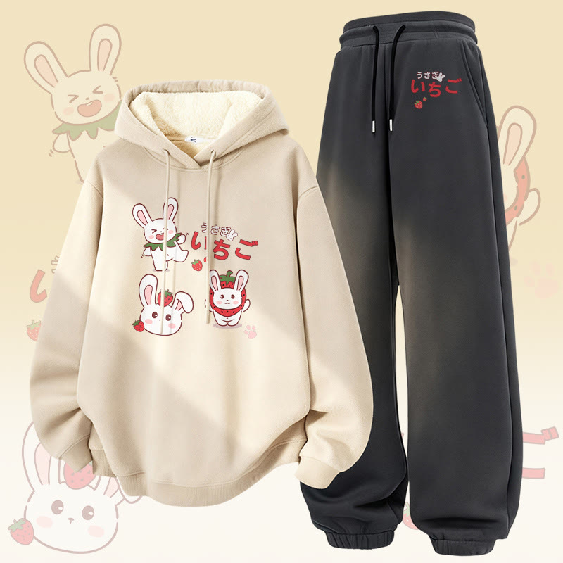 MODAKAWA Strawberry Bunny Graphic Thick Fleece Lined Hoodie Pants Two Pieces Set - Apricot&Dark Grey - 5XL - image 3