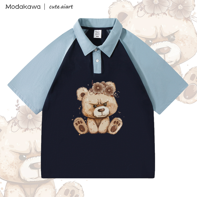 MODAKAWA X cute.aiart Bear Graphic 100% Cotton POLO T-shirt - Blue & Purplish Blue - 4XL - image 3