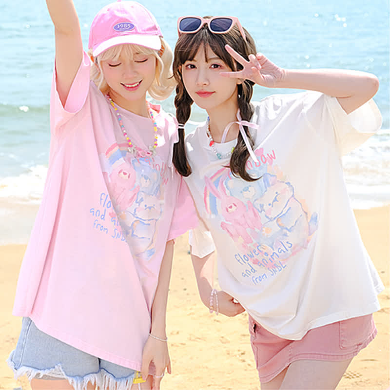 Rainbow Bunny Letter Print Matching Best Friends Loose T-Shirt - image 8