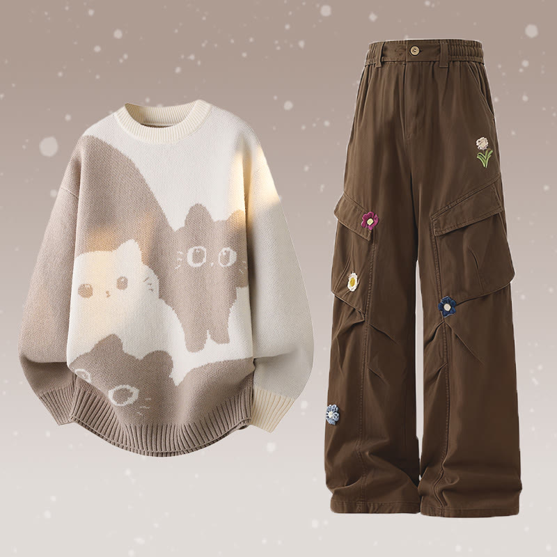 Kitty Knit Sweater Flower Cargo Pants Two Pieces - Set B - 2XL - image 2