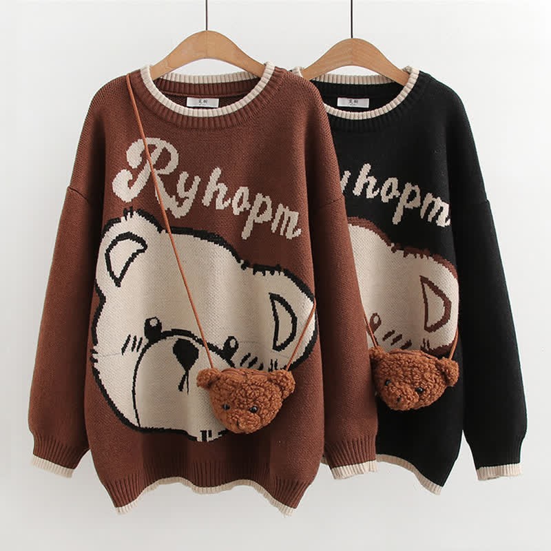 Bear Print Round Collar Sweater With Crossbody Bag - image 1