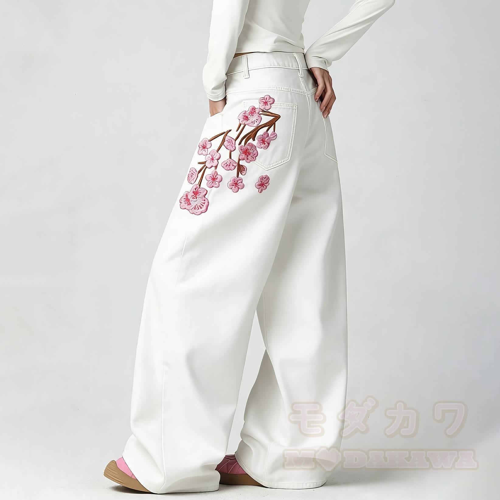 Modern Chinese Inspired Plum Blossom Embroidered Jeans - image 3