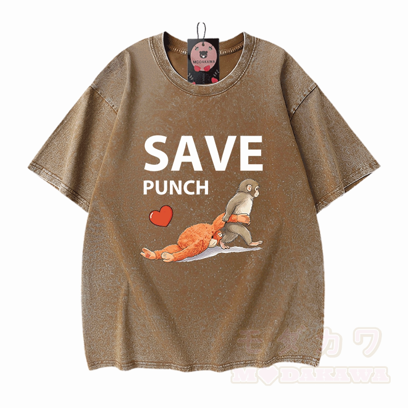 SAVE PUNCH Monkey Graphic Modakawa Unisex Vintage Washed T-shirt - Brown - 5XL - image 5