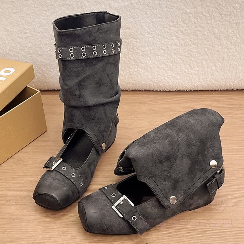 Vintage Buckle Strap Detachable Two-Way Wear Mid Calf Heel Boots - Black - 42 - image 10