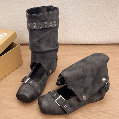 Vintage Buckle Strap Detachable Two-Way Wear Mid Calf Heel Boots - Black - 42 - image 10
