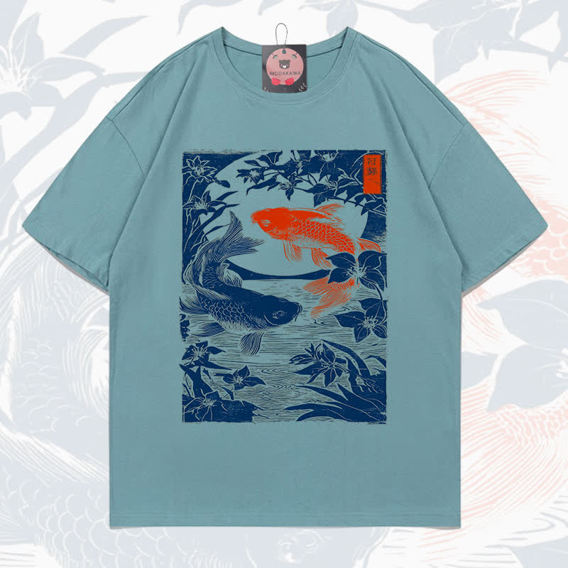 MODAKAWA Fish Print Short Sleeve T-Shirt - Teal Blue - 5XL - image 10