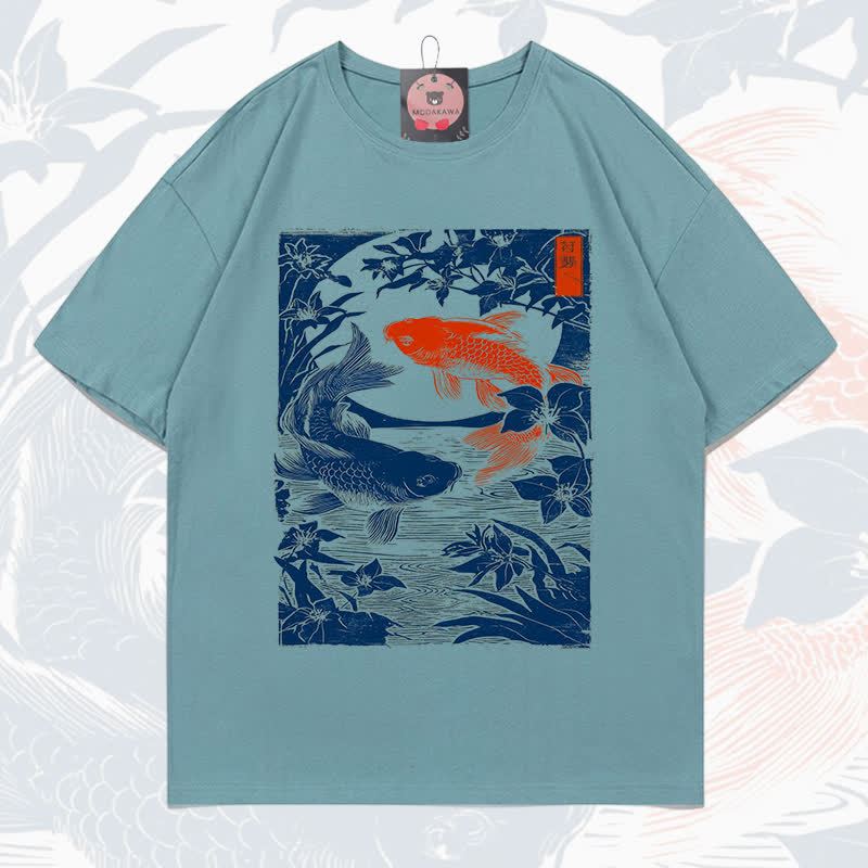 MODAKAWA Fish Print Short Sleeve T-Shirt - Teal Blue - 5XL - image 10