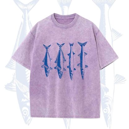 Modakawa Vintage Fish Print Washed T-shirt - Purple - 5XL - image 7