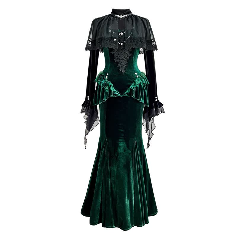  Sweet Romantic Dark Velvet Lace Long Sleeve Top Fishtail Dress⁠ Two Pieces Set - Fishtail Dress⁠ - XL - image 10