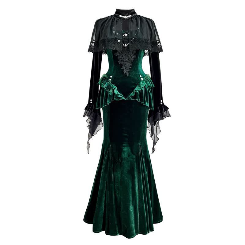  Sweet Romantic Dark Velvet Lace Long Sleeve Top Fishtail Dress⁠ Two Pieces Set - Fishtail Dress⁠ - XL - image 10