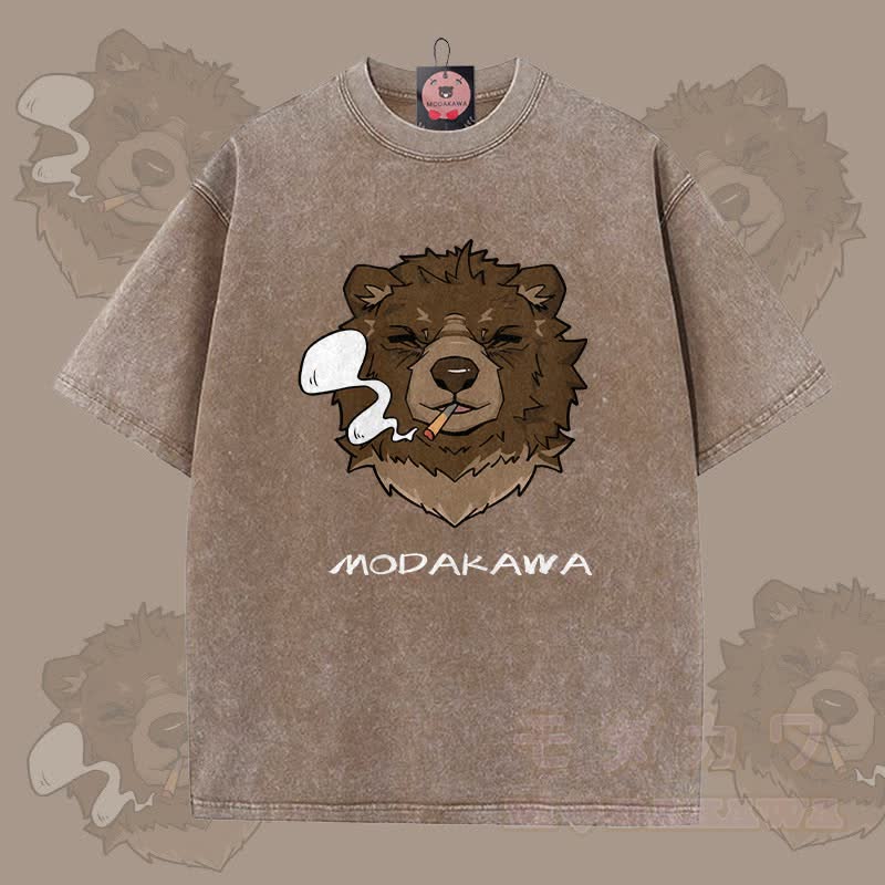 MODAKAWA Smoking Bear Graphic Unisex Vintage Washed T-shirt - Brown - 5XL - image 6