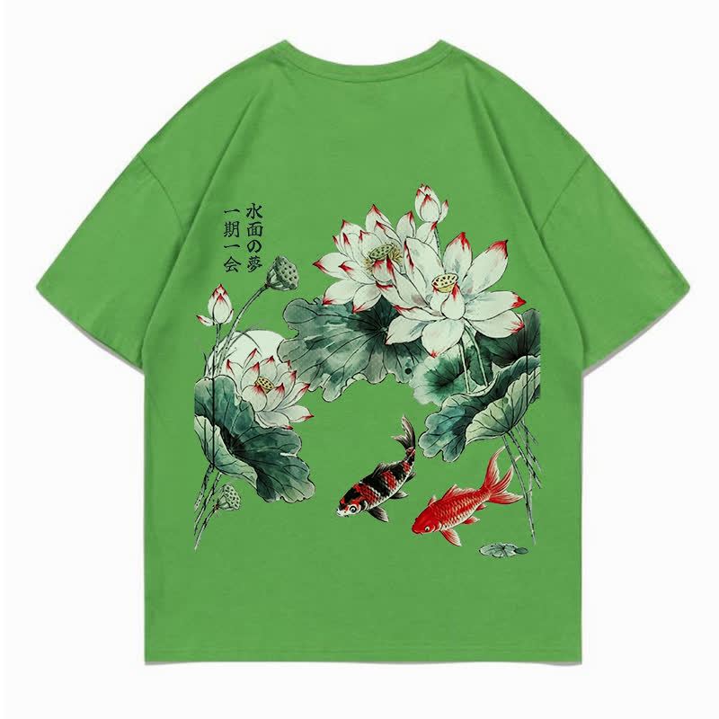 MODAKAWA Flower Fish Print Loose Summer Short Sleeve T-Shirt - Mineral Green - 5XL - image 11