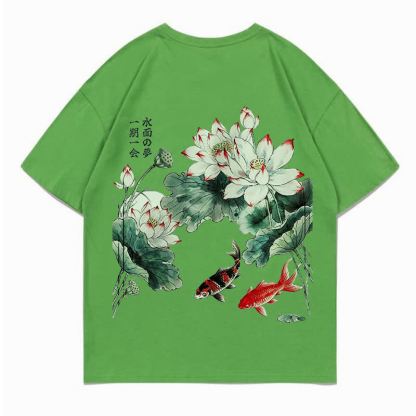 MODAKAWA Flower Fish Print Loose Summer Short Sleeve T-Shirt - Mineral Green - 5XL - image 11