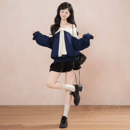 Off-Shoulder Navy Blue Sweatshirt - image 5