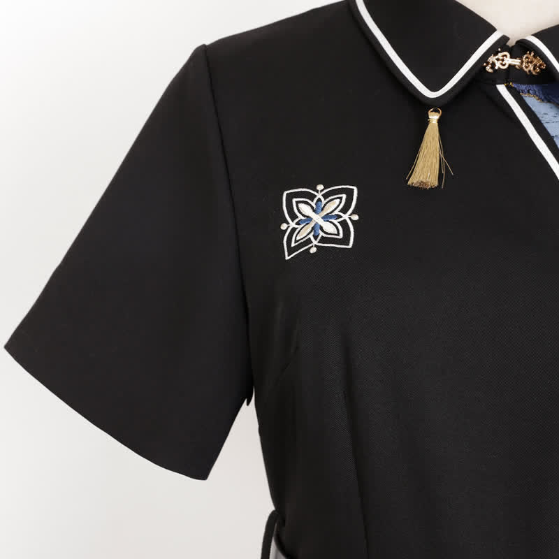 Vintage Lapel Floral Embroidery Button Splice Irregular Dress With Belt - image 7