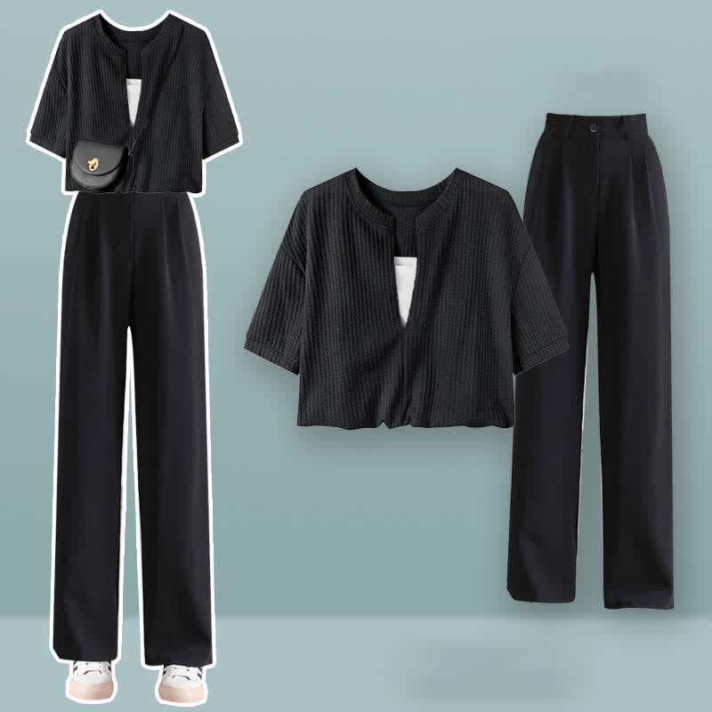 Fake Two Pieces Crop Top T-Shirt Casual Pants Two Pieces Set - Set H - XL - image 9