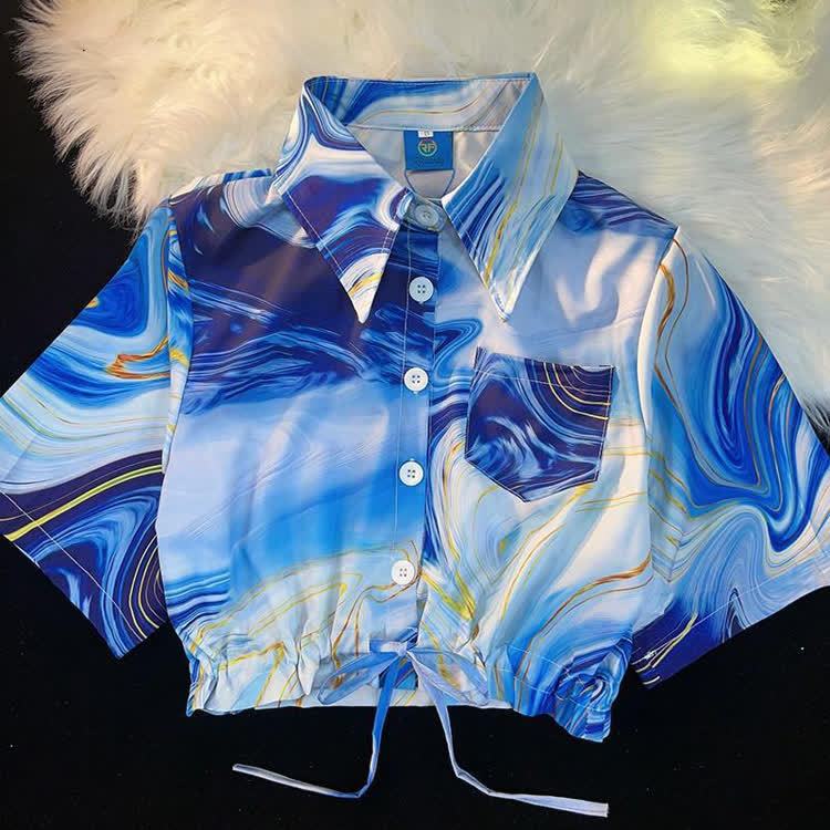 Tropical Print Cropped Button-Up Shirt - Multicolor H - L - image 10