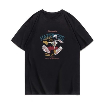 Cartoon Bunny Bear Sheep Print Loose T-Shirt - Black B - 3XL - image 6