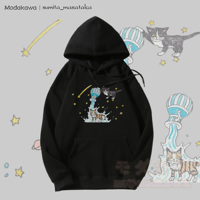 MODAKAWA X sumita_masataka Water Pouring Cats Graphic Fleece Lined Hoodie - Black - 5XL - image 5