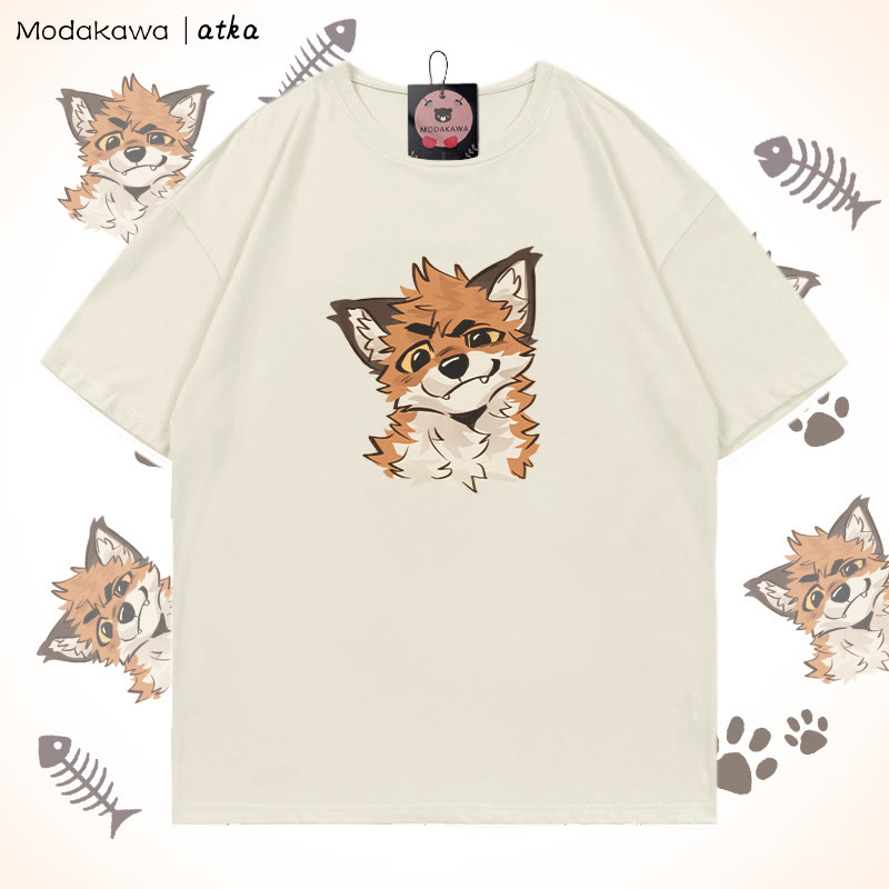 MODAKAWA X atka Funny Fox Graphic T-shirt - Beige - 5XL - image 3