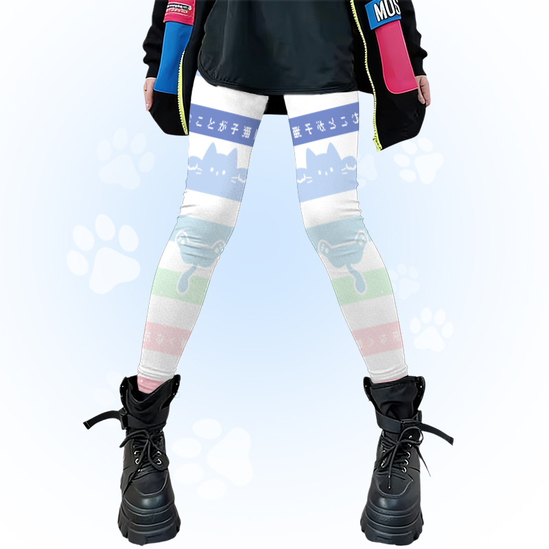 Cat Paw Graphic Modakawa Color Block Stretch Leggings - White A - 4XL - image 3
