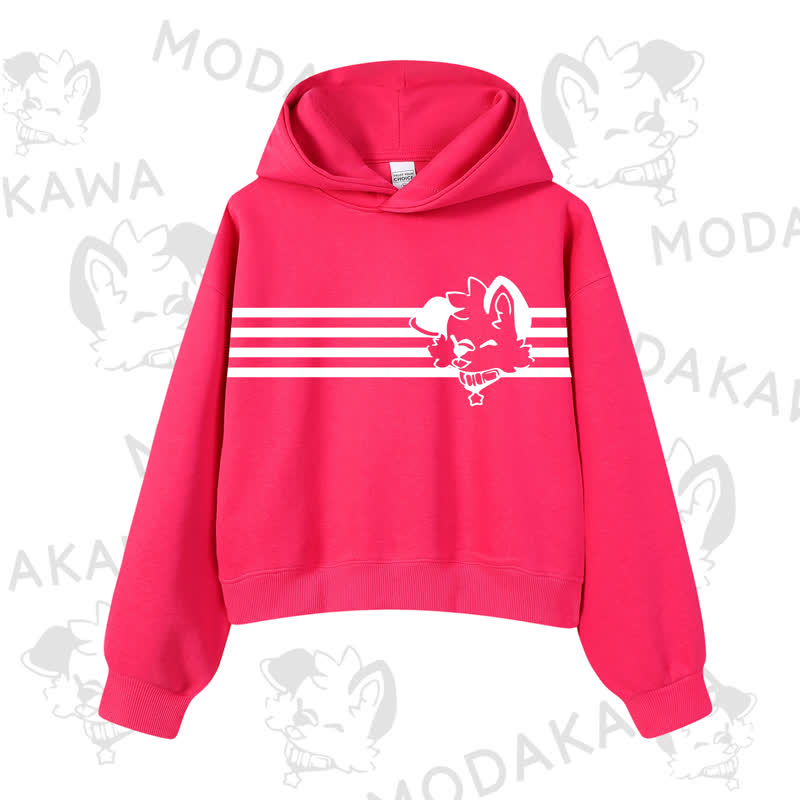 Modakawa Dog Graphic Stripe Cropped Cotton Hoodie - Rose B - 3XL - image 15