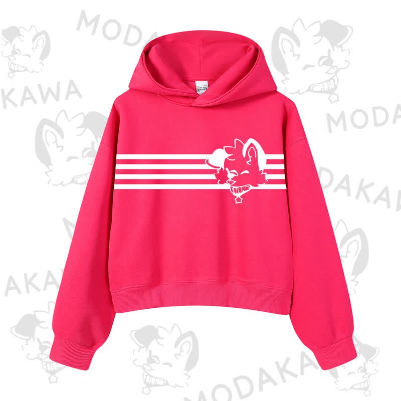 Modakawa Dog Graphic Stripe Cropped Cotton Hoodie - Rose B - 3XL - image 15