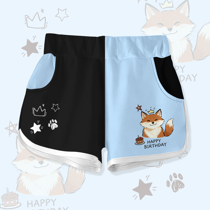 HAPPY BIRTHDAY Cute Fox Cake Graphic Modakawa Color Block Shorts - Black & Blue - 5XL - image 3