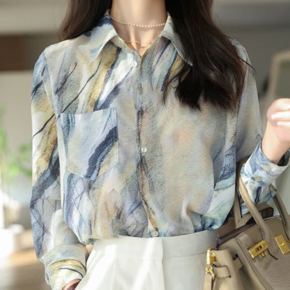 Vintage Print Long Sleeve Pocket Lapel Shirt Workwear - image 6
