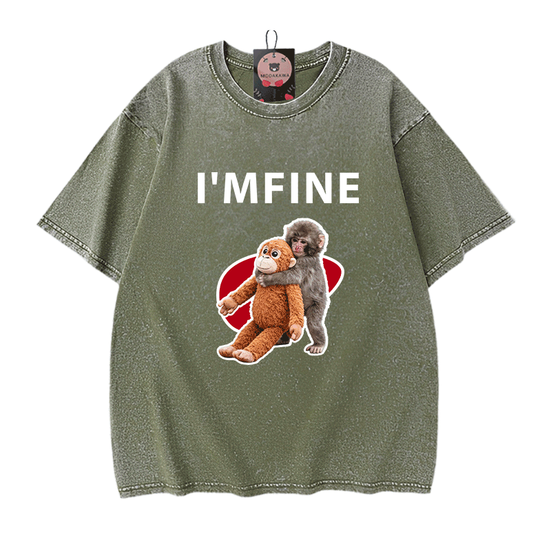 I'M FINE Monkey Graphic Modakawa Unisex Vintage Washed T-shirt - Green - 5XL - image 6