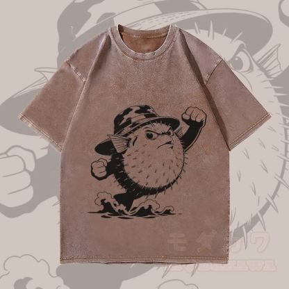MODAKAWA Angry Pufferfish Graphic Unisex Vintage Washed T-Shirt - Brown - 4XL - image 3