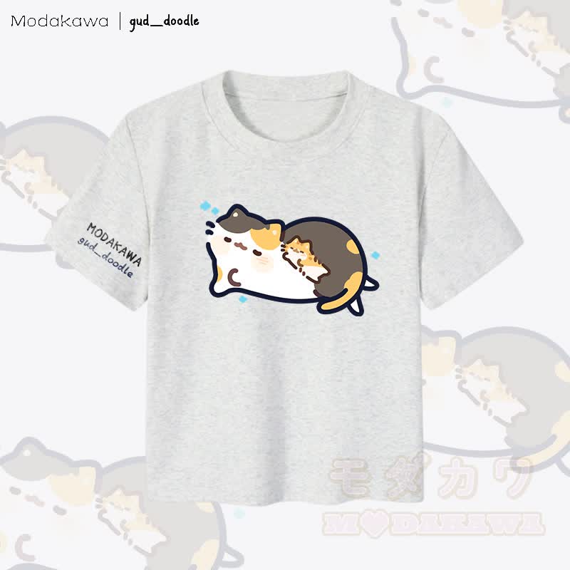 MODAKAWA x gud_doodle Sleeping Kitty Graphic Women's Cropped T-Shirt 92% Combed Cotton Crop Top - Grey - XL - image 3