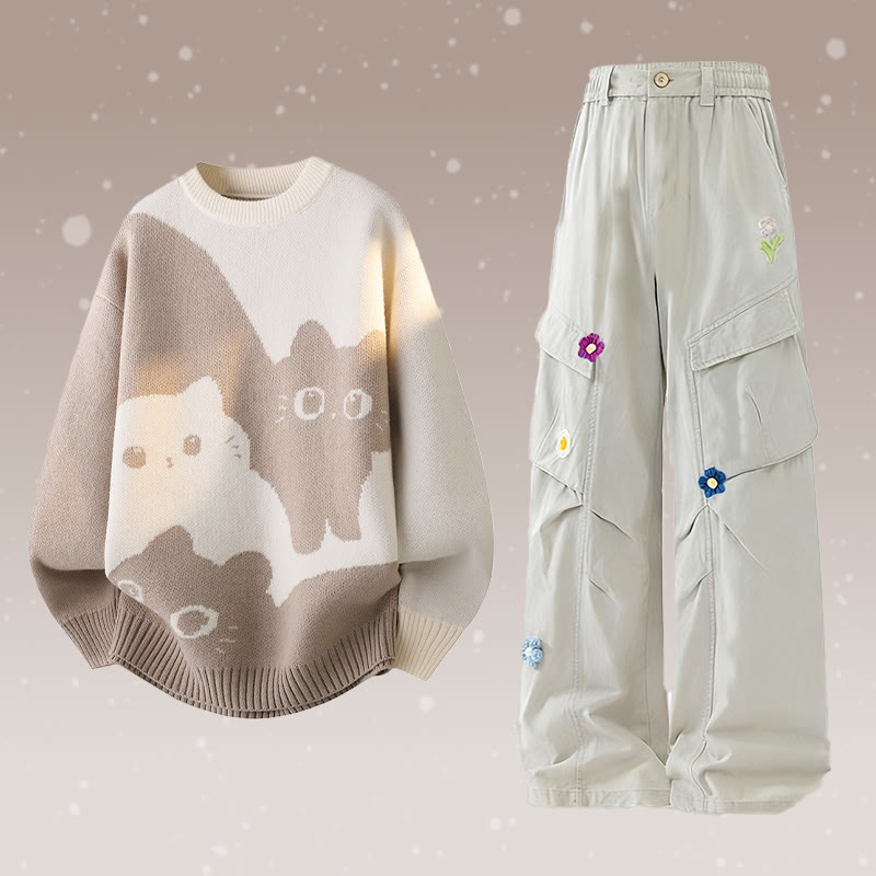 Kitty Knit Sweater Flower Cargo Pants Two Pieces - Set C - 2XL - image 3