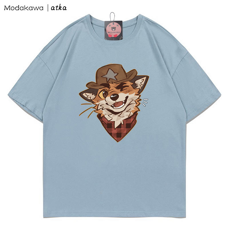 MODAKAWA X atka Cowboy Fox Winking Graphic T-shirt  - Dusty Blue - 5XL - image 6
