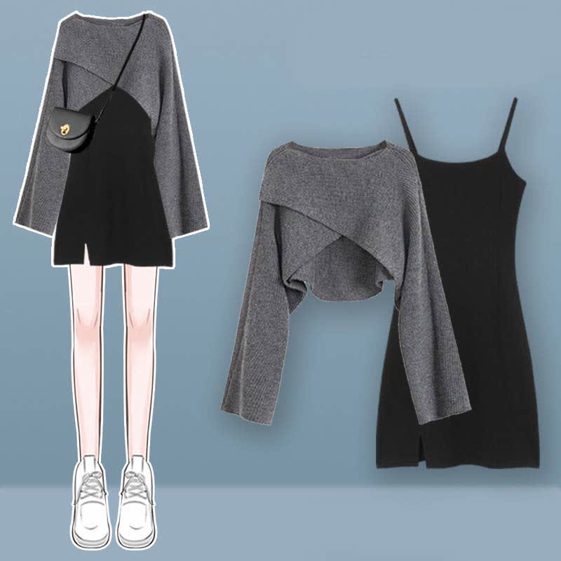 Cross Knit Sweater Lace Up Irregular Ruffled Slip Dress Matching Outfit - Gray Sweater+Black Dress B - XL - image 2