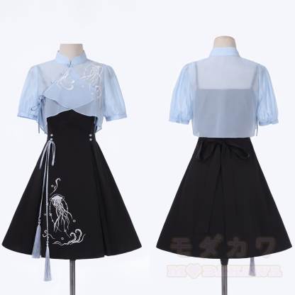 Sheer Mandarin Collar Top Jellyfish Embroidered Slip Dress Matching Outfit - image 7